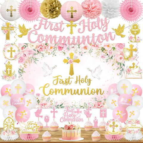 Hakoti first communion banner in pink and gold for elegant celebration photos