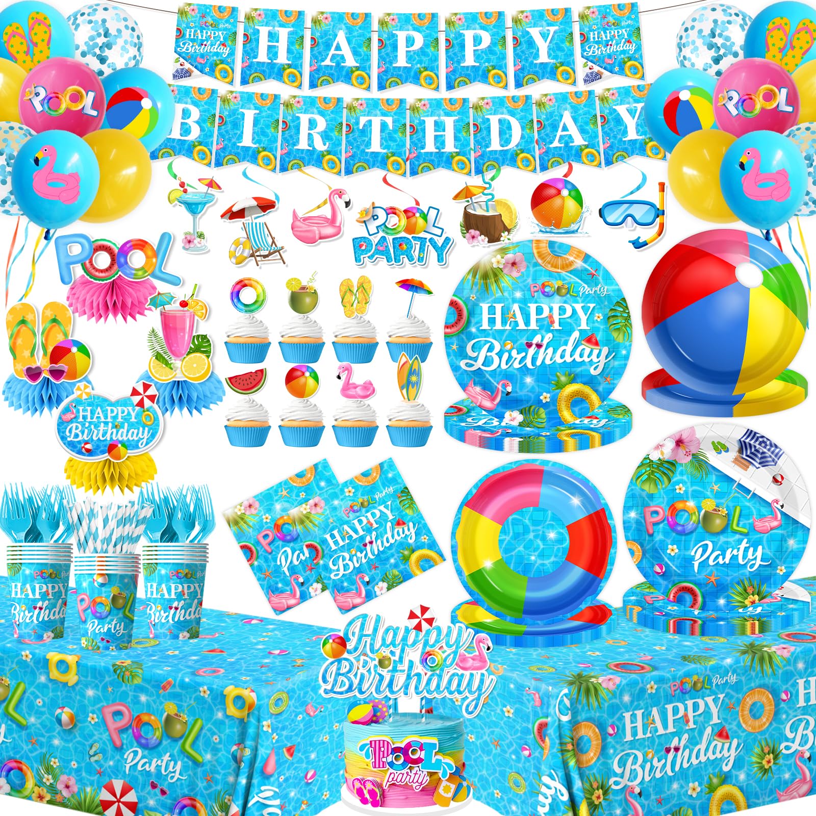 HAKOTI pool party dinner plates with bright birthday design for quick outdoor setup.