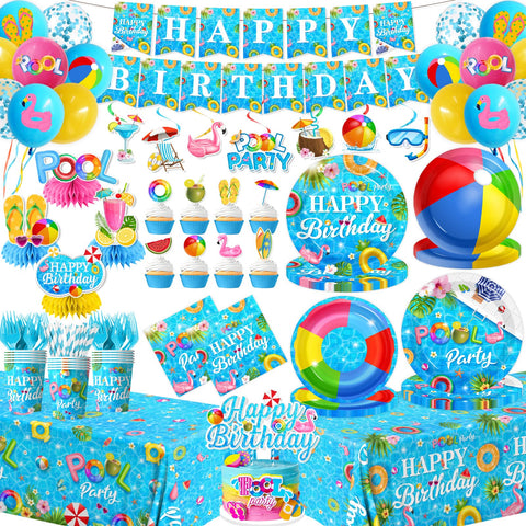 HAKOTI pool party dinner plates with bright birthday design for quick outdoor setup.