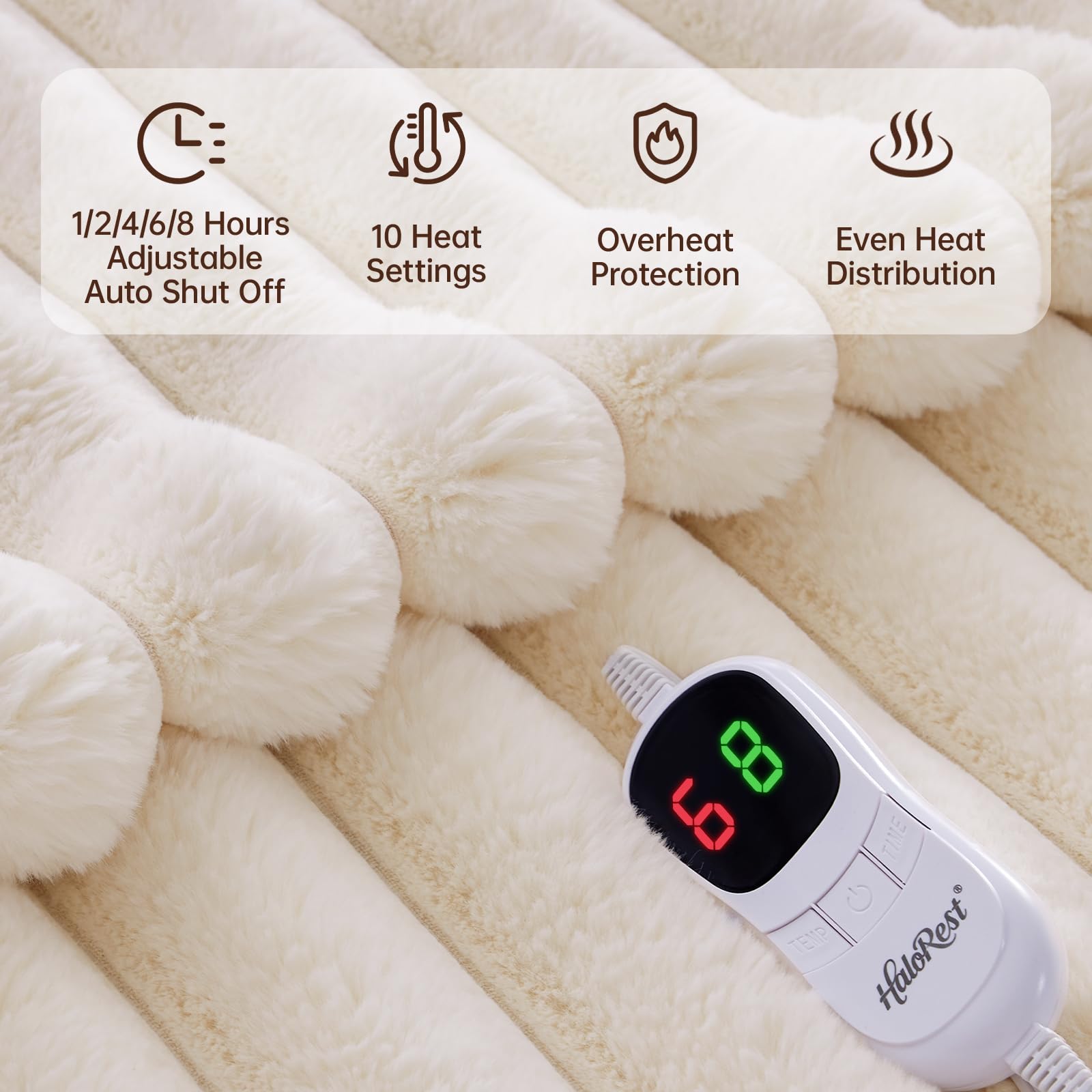 Soft faux fur texture of HaloRest blanket adds luxurious comfort and warmth.