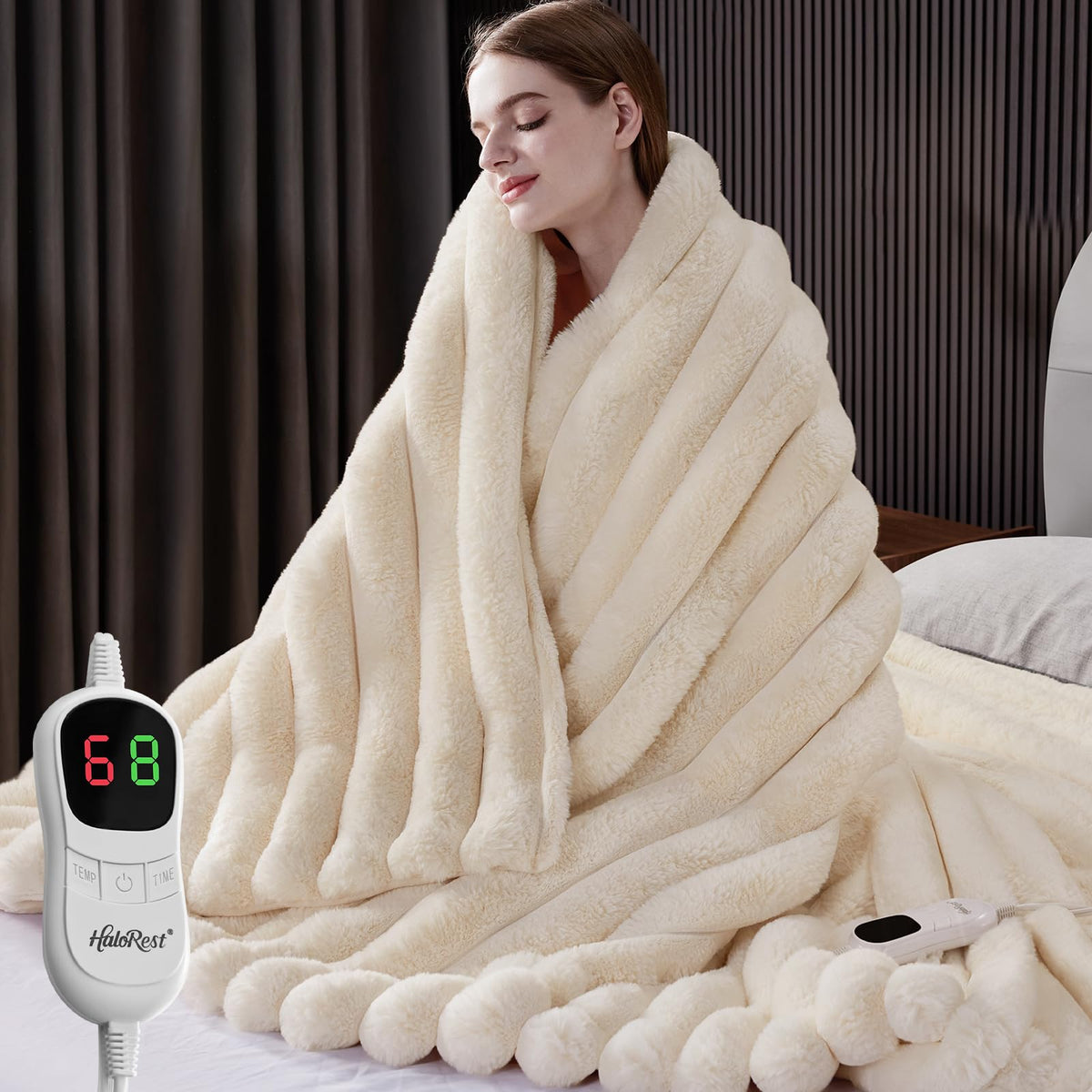 HaloRest heated blanket in cream white offers cozy warmth for cold nights.