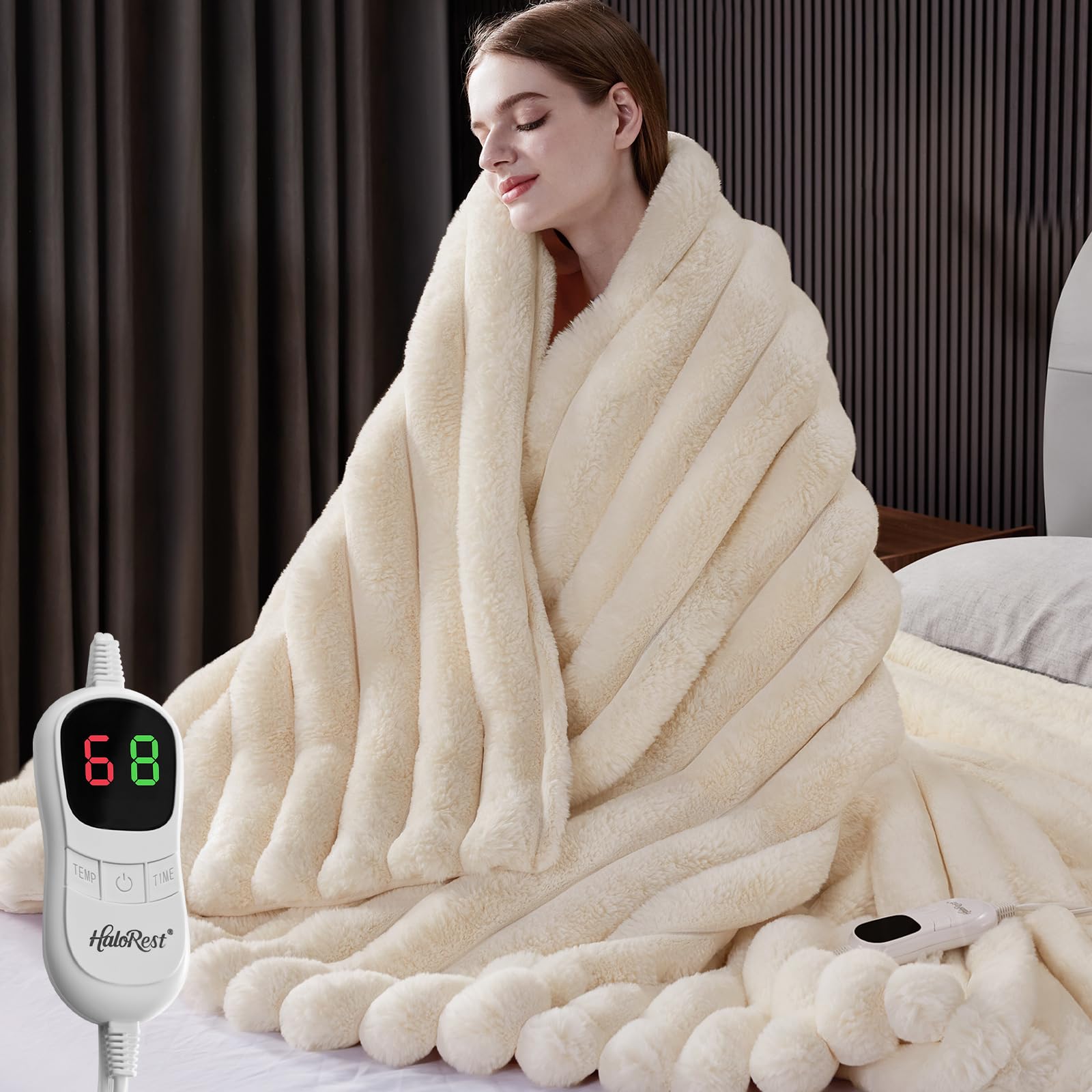 HaloRest heated blanket in cream white offers cozy warmth for cold nights.