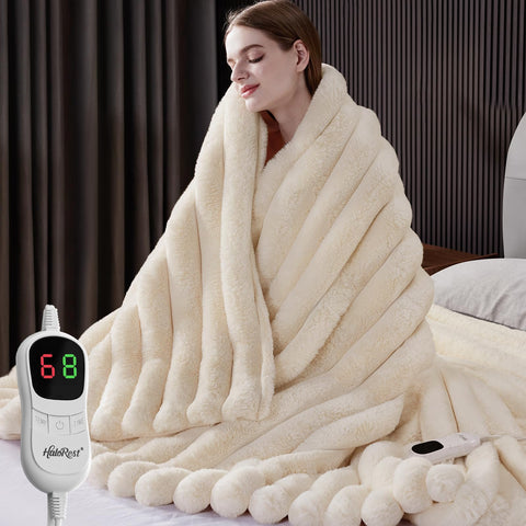 HaloRest heated blanket in cream white offers cozy warmth for cold nights.