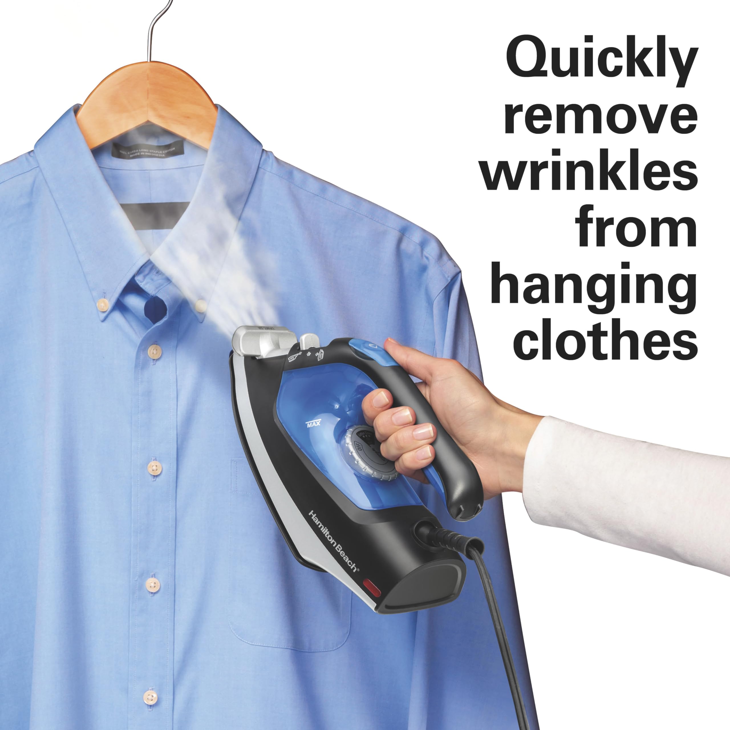 Long 8-foot cord on Hamilton Beach 2-in-1 iron for flexible movement.