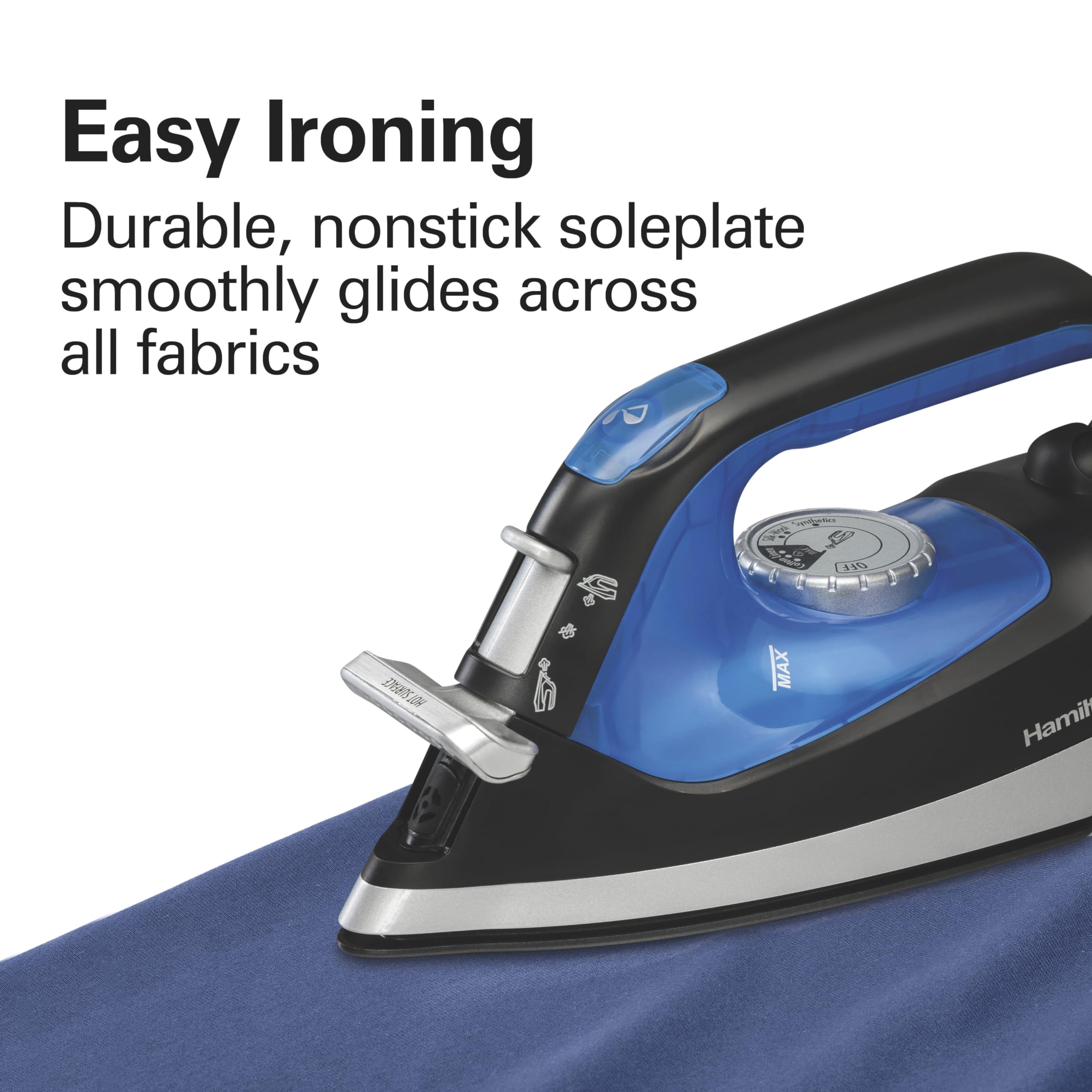 Compact design of Hamilton Beach 2-in-1 iron for easy storage.