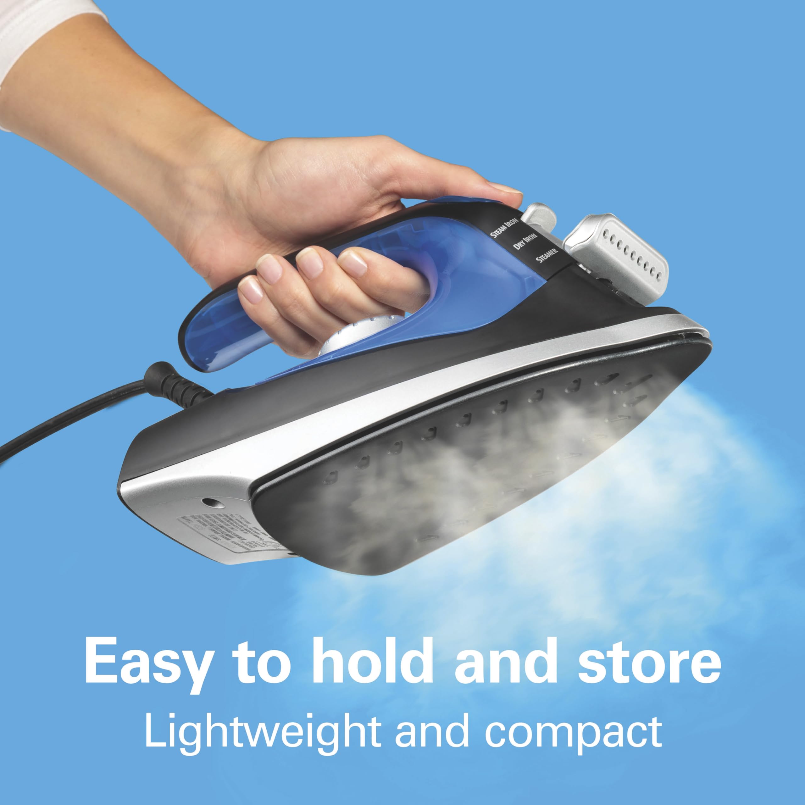Hamilton Beach 2-in-1 steamer nozzle smooths garments on the hanger.