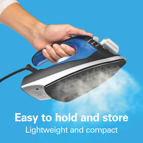 Hamilton Beach 2-in-1 steamer nozzle smooths garments on the hanger.