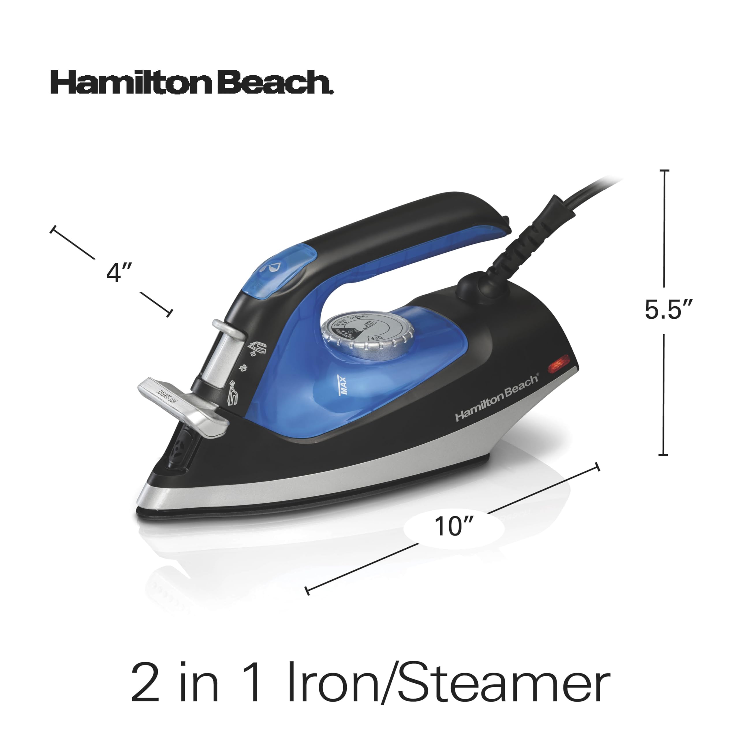 Hamilton Beach 2-in-1 iron stores neatly after use.