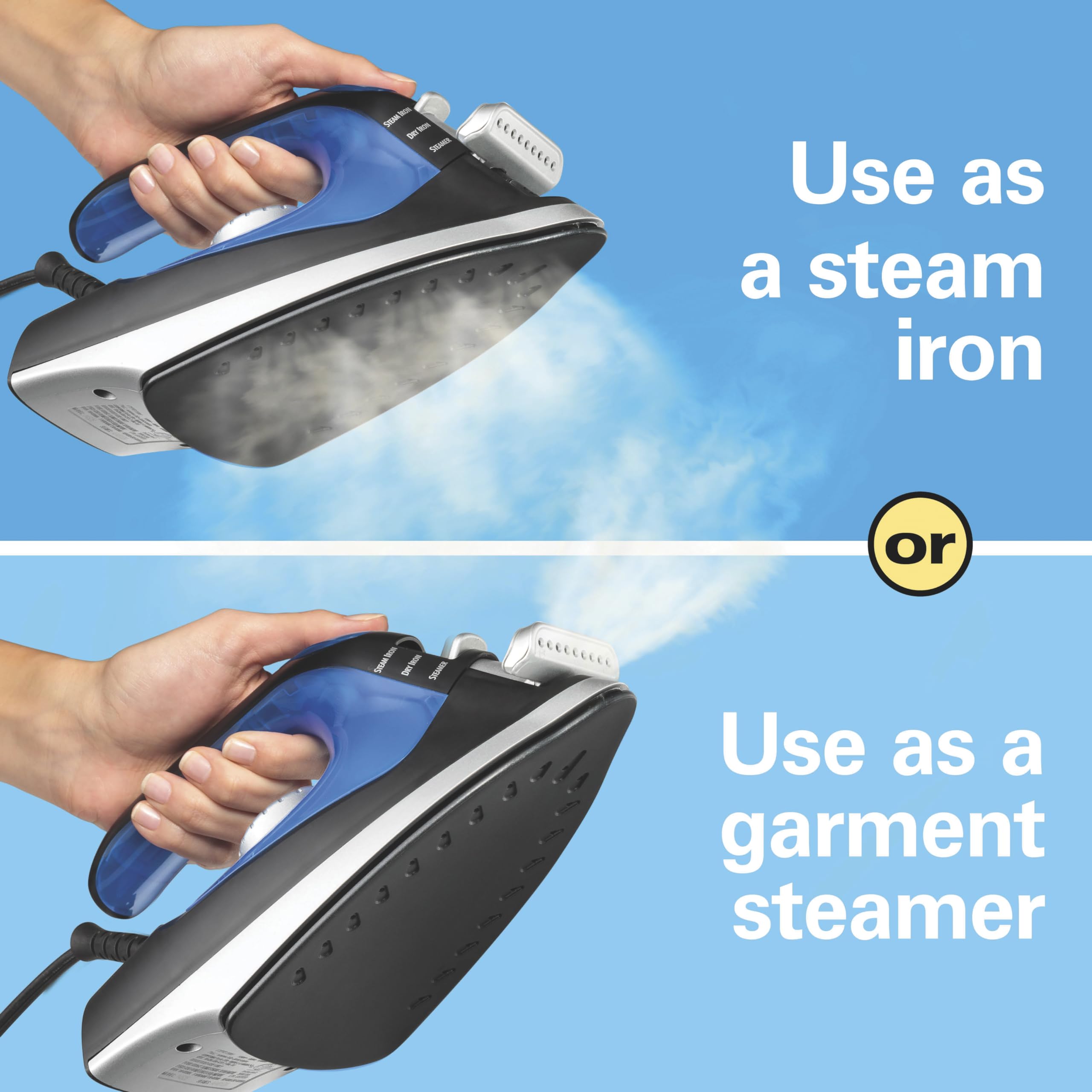 Hamilton Beach 2-in-1 iron shows five temperature settings for fabrics.