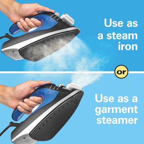 Hamilton Beach 2-in-1 iron shows five temperature settings for fabrics.