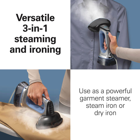 Durathon steamer smoothing a hanging shirt for quick refresh.