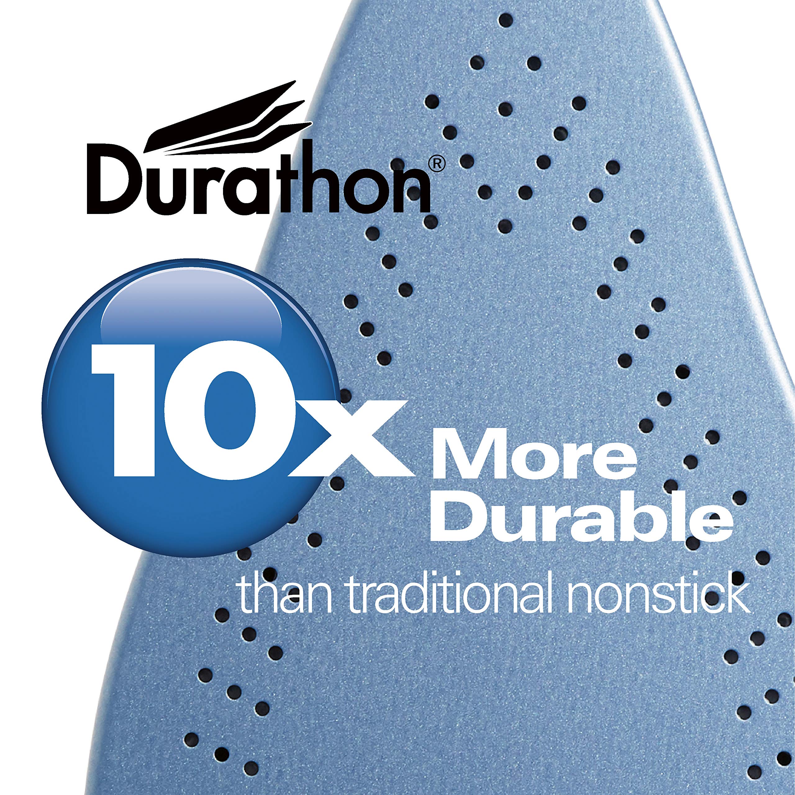 Hamilton Beach Durathon soleplate highlights 10x durability on fabrics.