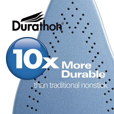 Hamilton Beach Durathon soleplate highlights 10x durability on fabrics.