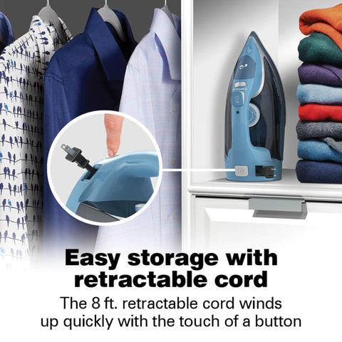 Hamilton Beach steam iron showcases 360 steam holes for even wrinkle release.