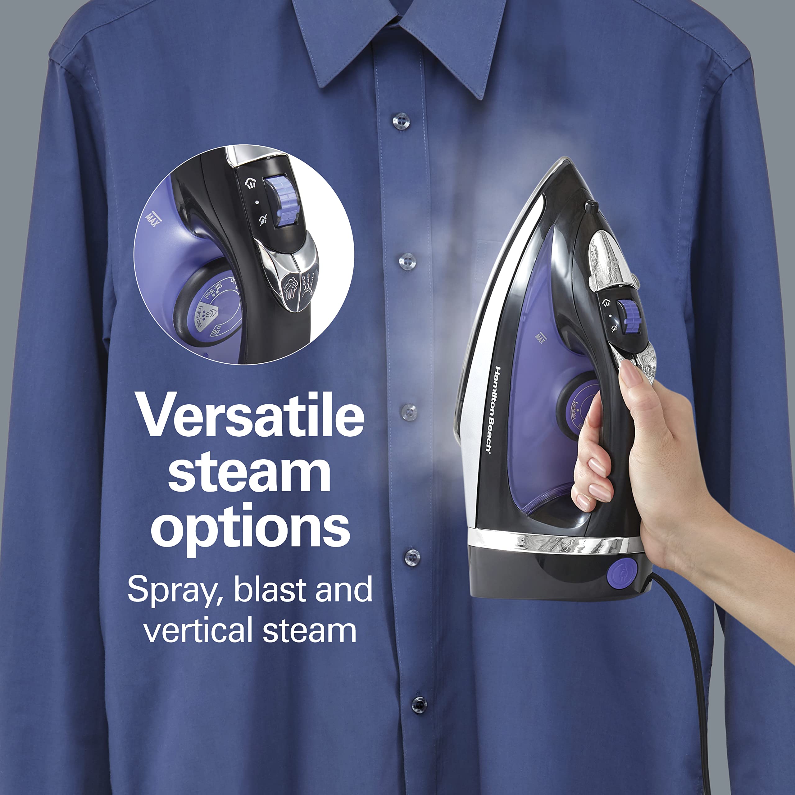 Hamilton Beach Steam Iron offers a burst of steam for stubborn wrinkles.