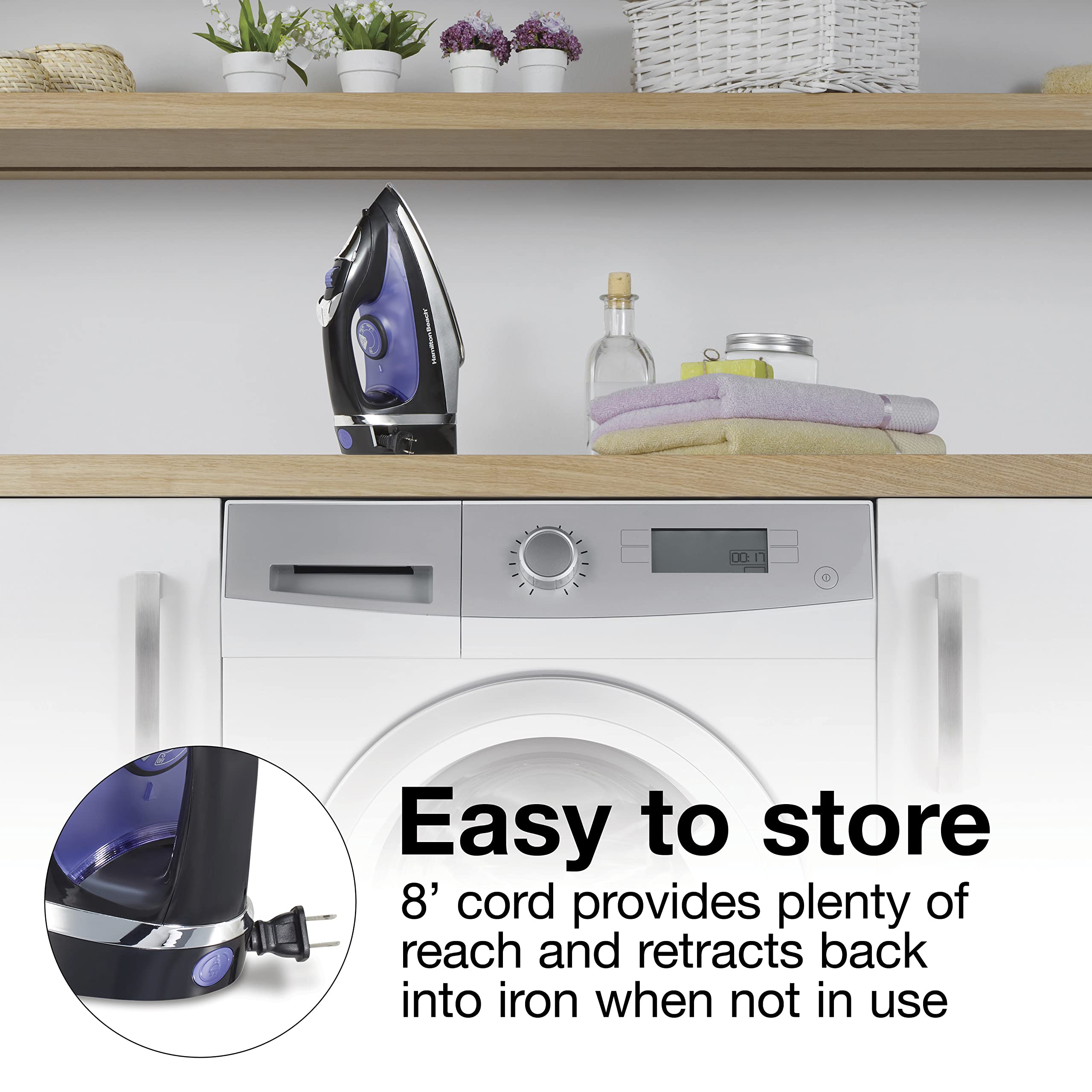 Hamilton Beach Steam Iron heats up quickly for fast wrinkle removal on fabrics.