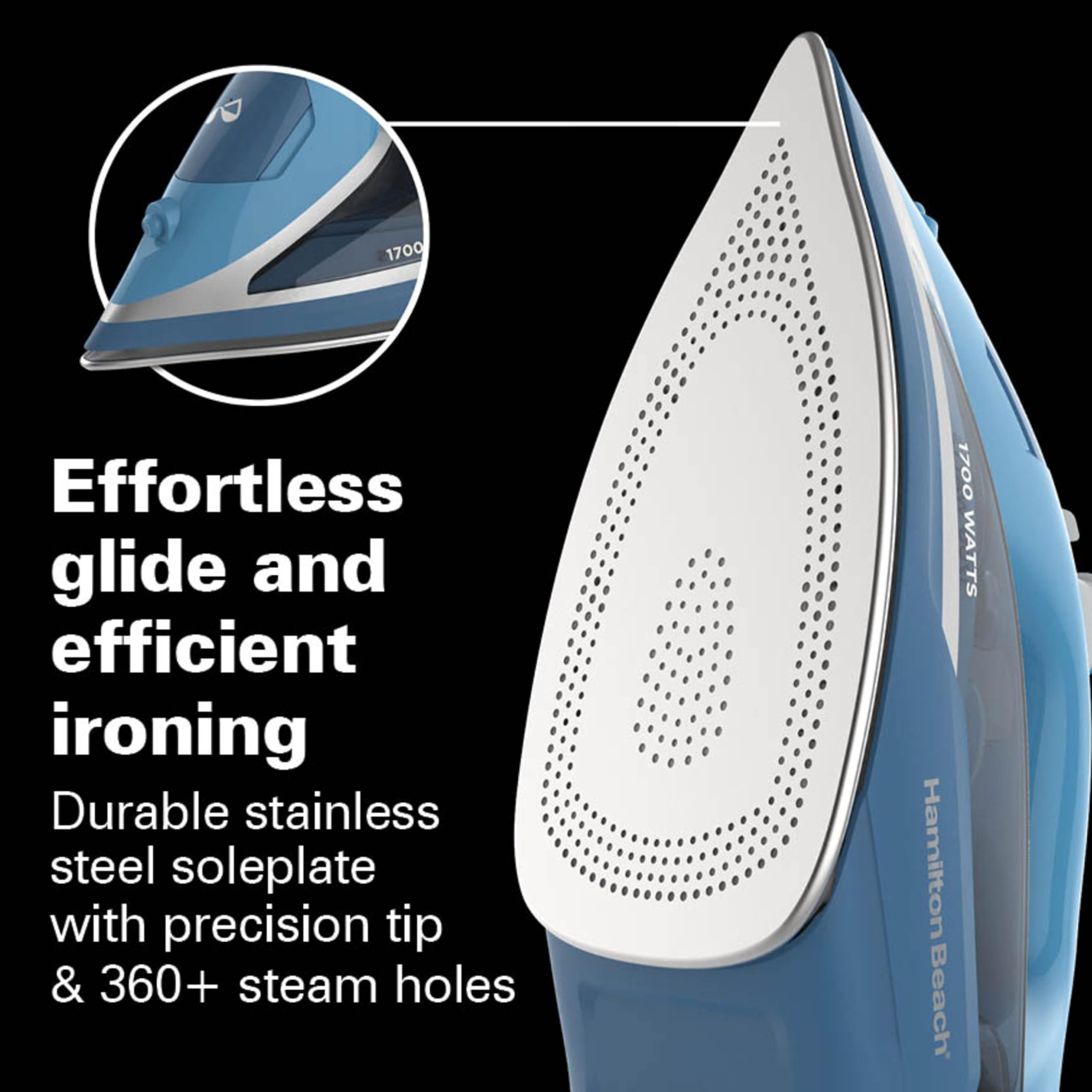 Close-up of precision tip on Hamilton Beach iron aids narrow seams and collars.