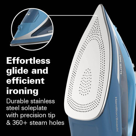 Close-up of precision tip on Hamilton Beach iron aids narrow seams and collars.
