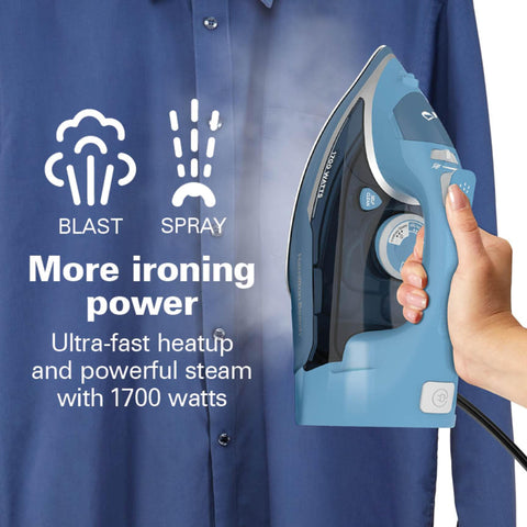 Retractable 8-foot cord on the Hamilton Beach iron keeps cords organized.