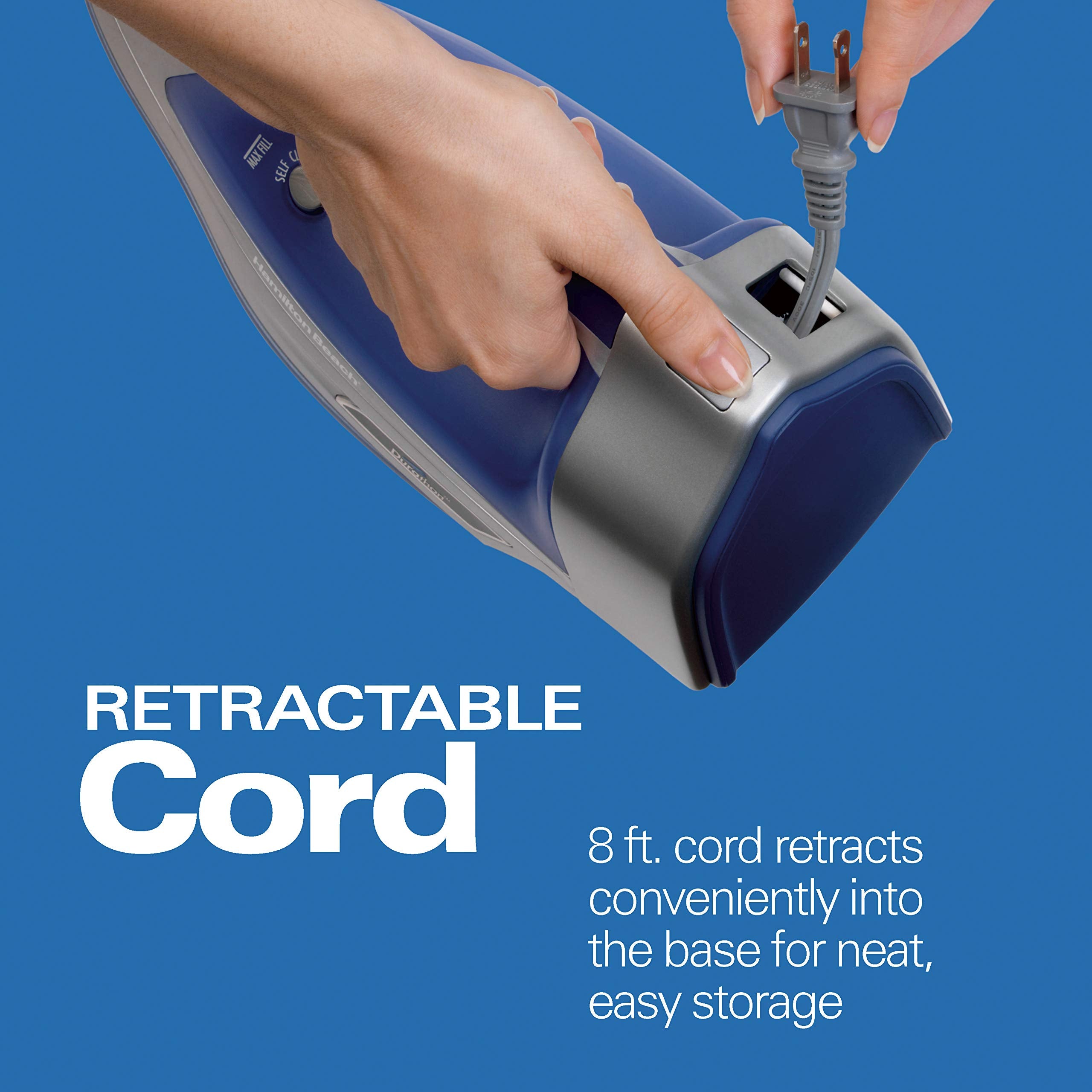 Hamilton Beach steam iron with 8-foot retractable cord for tidy storage.
