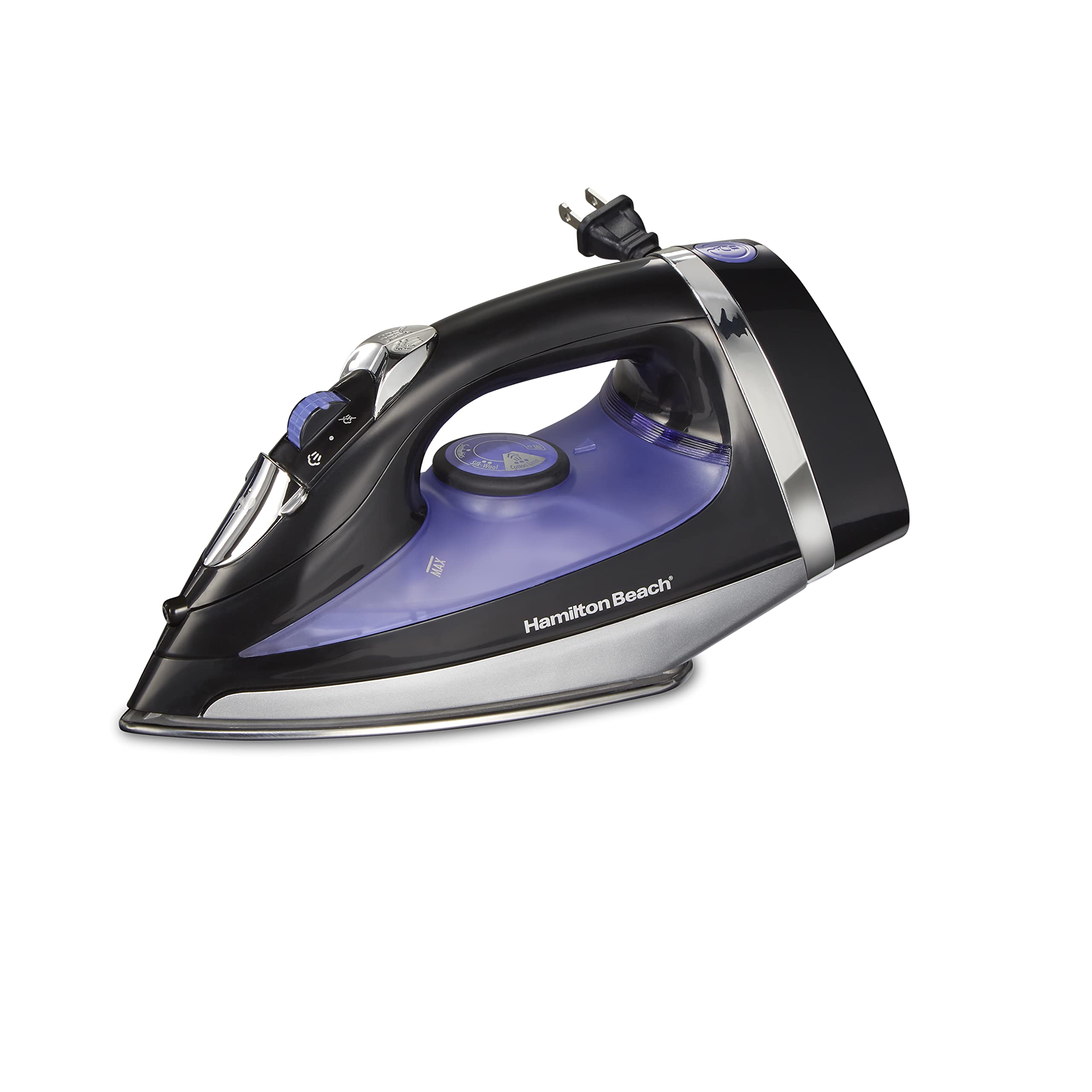 Hamilton Beach Steam Iron with smooth stainless steel soleplate for seamless fabric gliding.