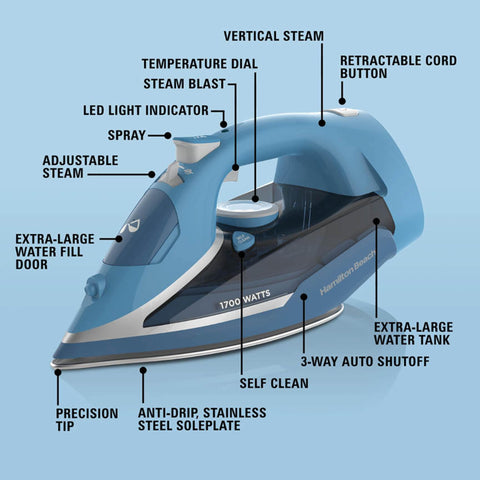 Vertical steam mode refreshes hanging garments without removing from hanger.