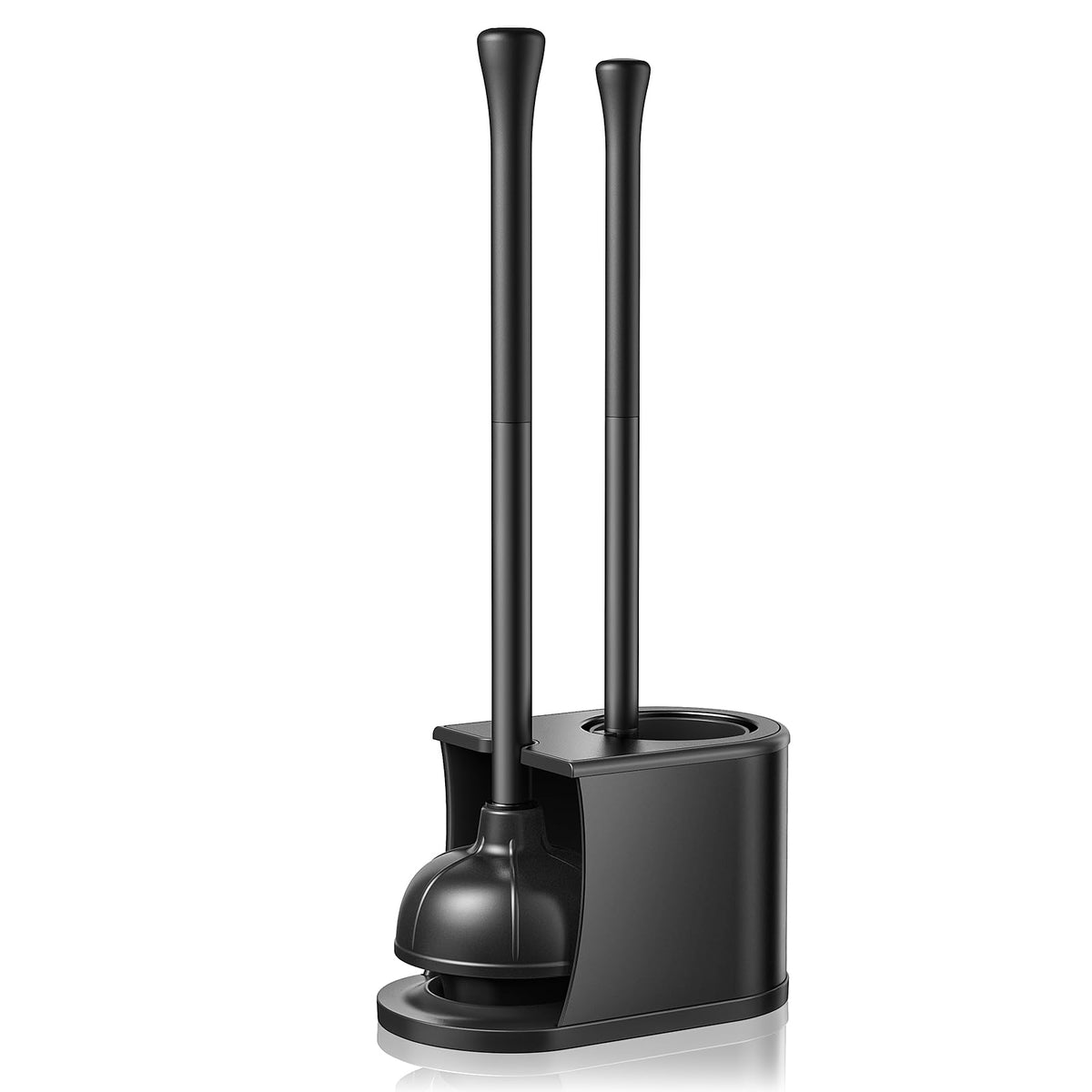 HAMITOR 2-in-1 plunger and brush assembly shows space-saving design in a modern bath