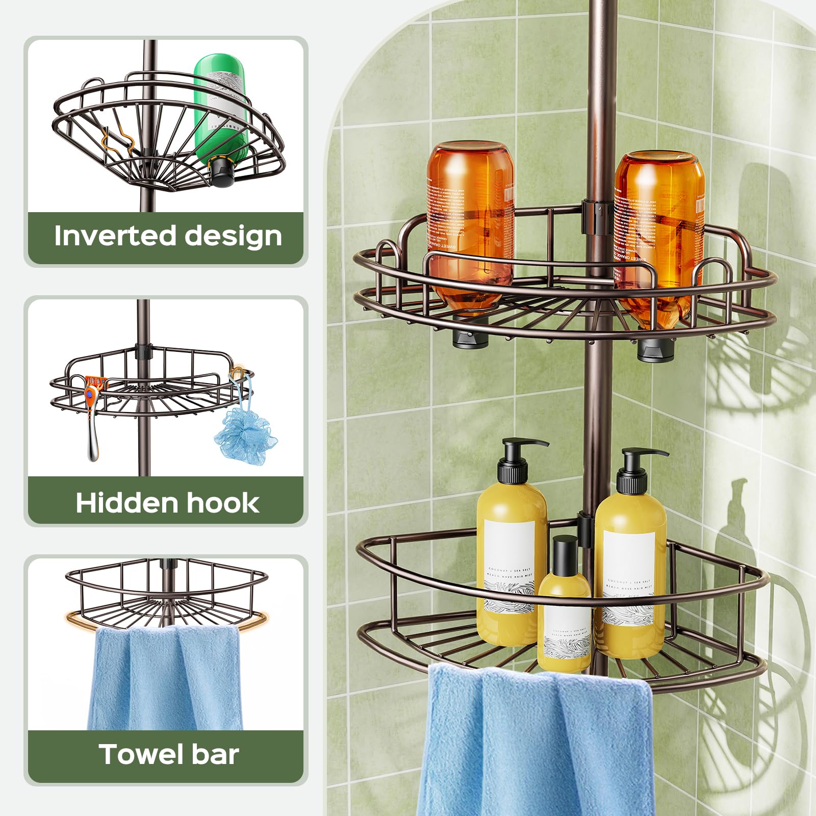 HAMITOR 4-tier design maximizes vertical storage for shampoos, conditioners, and towels.