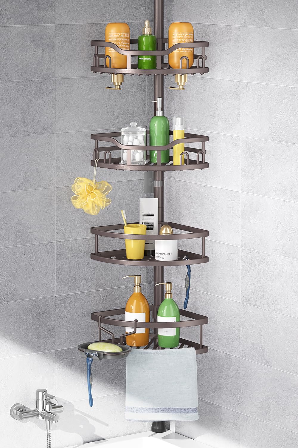 HAMITOR bronze corner caddy with 4-tier baskets for organized shower storage.