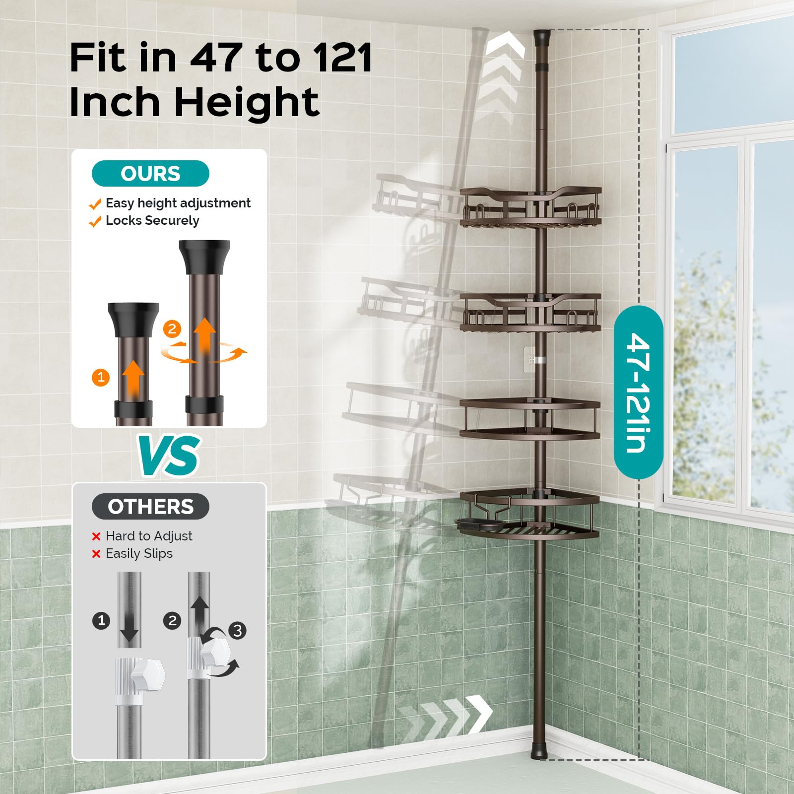 HAMITOR bronze corner caddy towel bar provides convenient hand towel access.