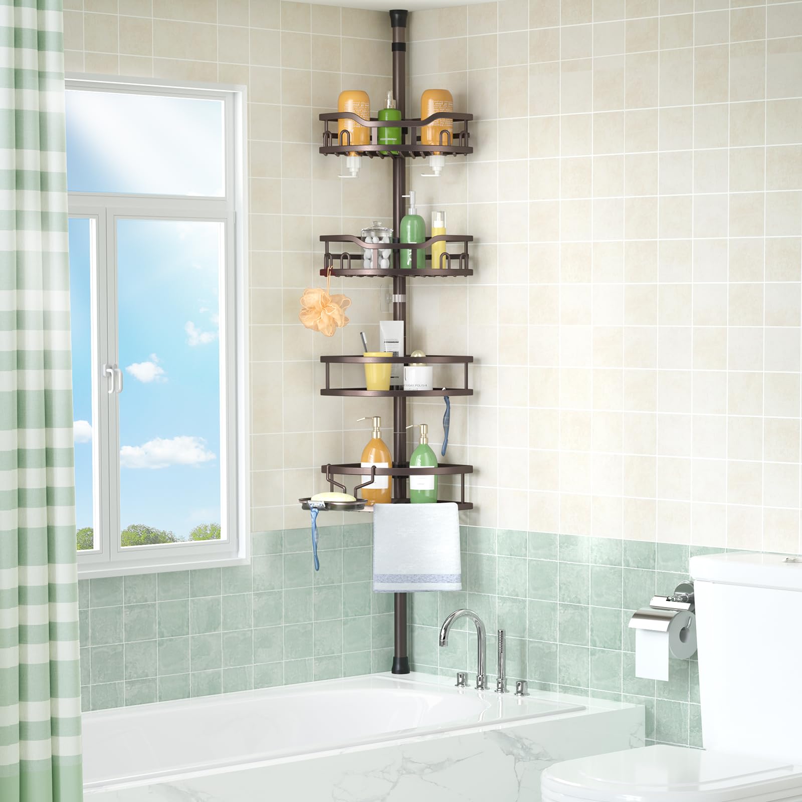 HAMITOR bronze corner caddy ventilated hollow design for fast drainage and cleaning.