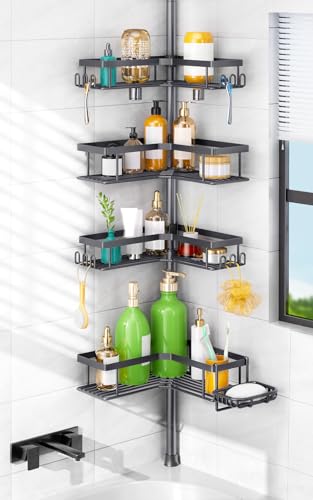 HAMITOR Corner Shower Caddy with 4-tier shelves for clutter-free shower storage.