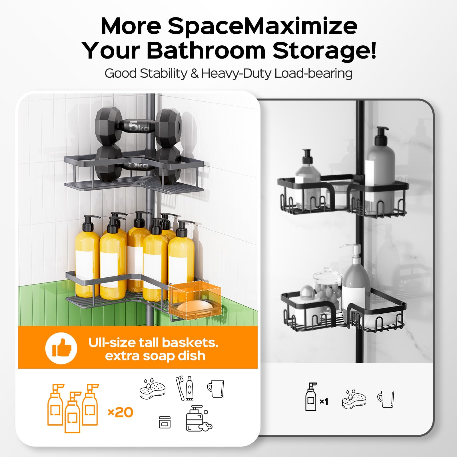 HAMITOR Corner Shower Caddy adjustable height from 47.71 to 123.6 inches.