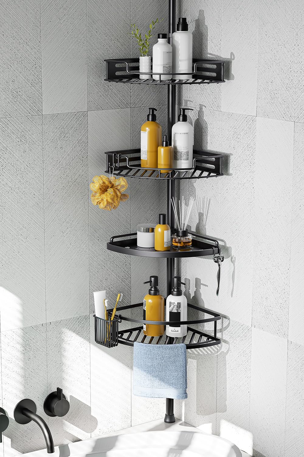 HAMITOR corner shower caddy with clip buckle design for quick, effortless installation.