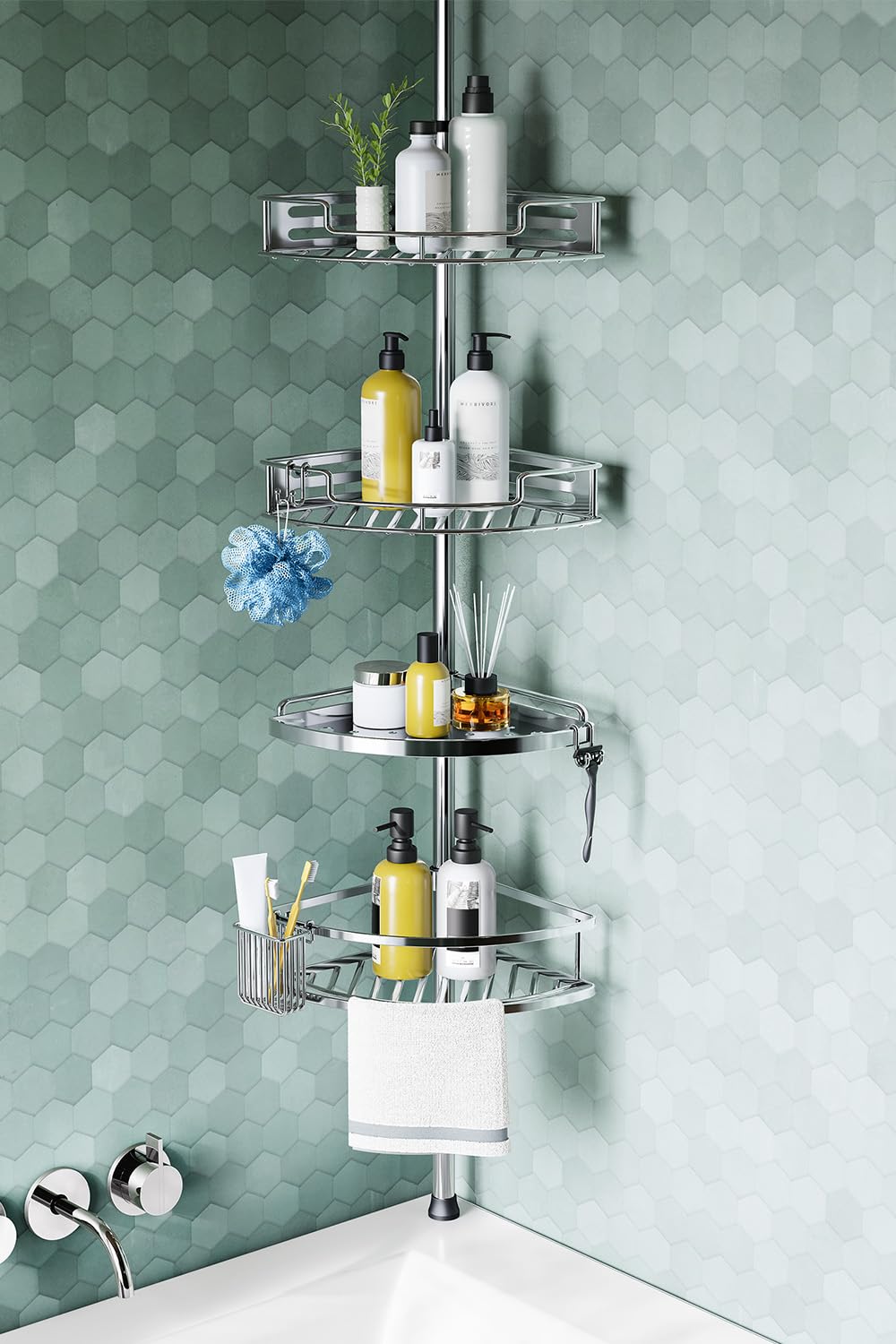 HAMITOR corner shower caddy with clip buckle design for fast installation.