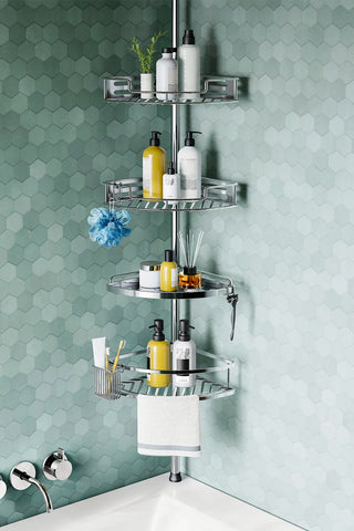 HAMITOR corner shower caddy with clip buckle design for fast installation.