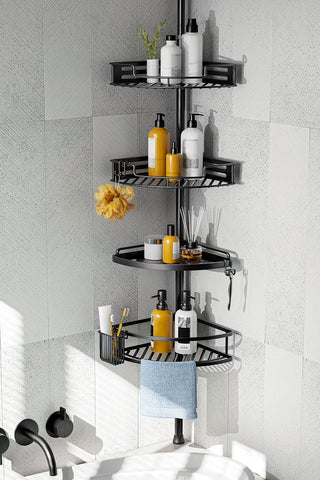 HAMITOR corner shower caddy with clip buckle design for quick, effortless installation.