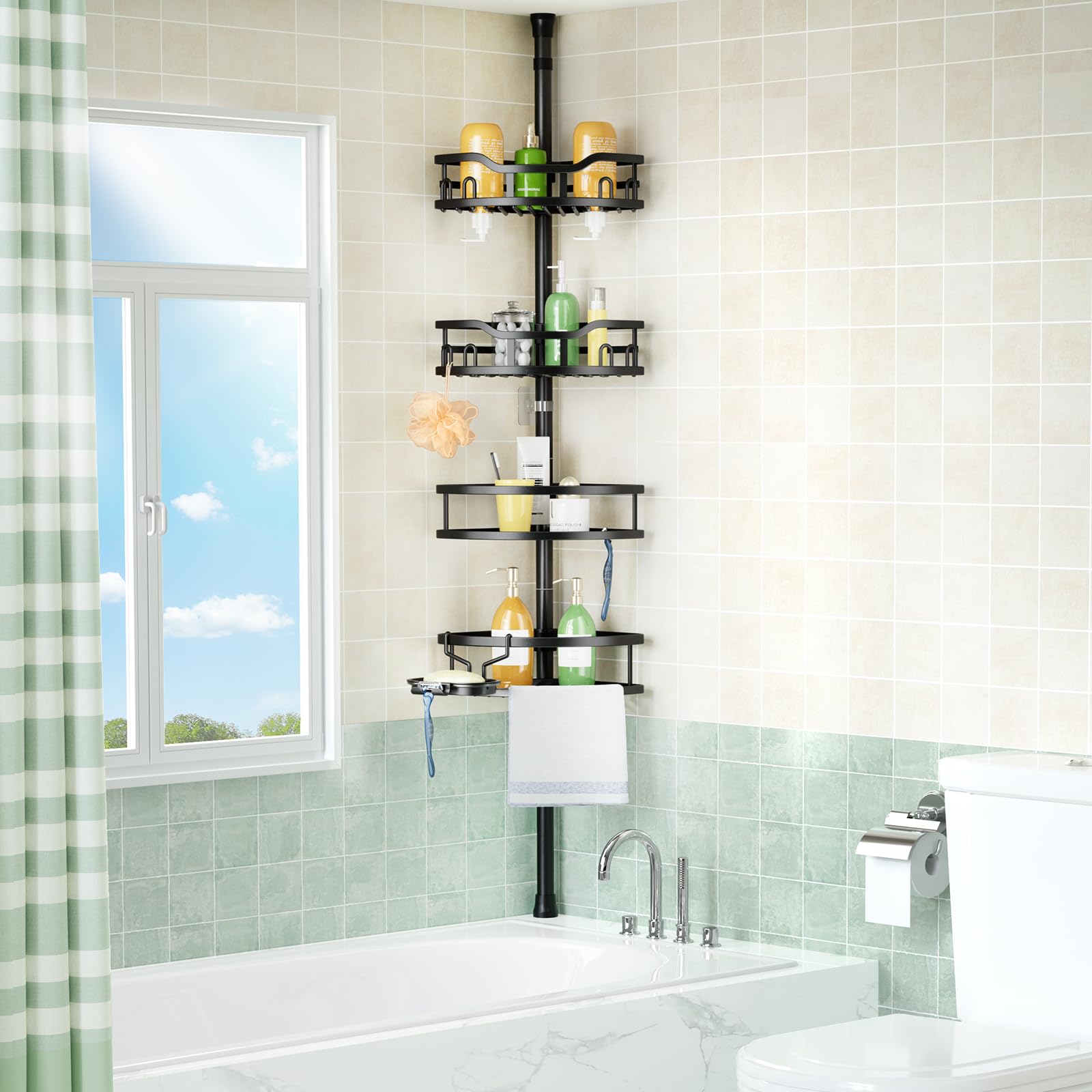 HAMITOR corner caddy fits multiple spaces from tubs to RV showers.