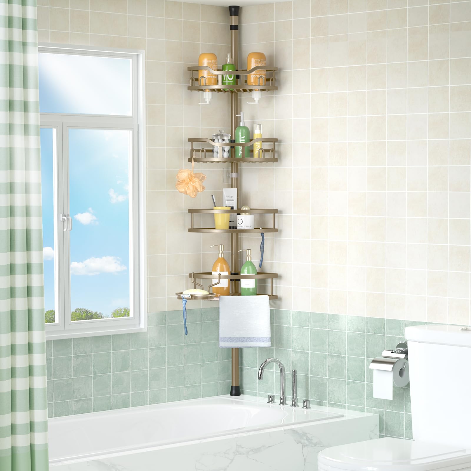 HAMITOR corner caddy fits bathtubs, washbasins, showers, and RVs.