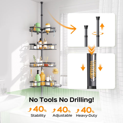 HAMITOR Corner Shower Caddy uses no-tools installation with tension pole for secure mounting.