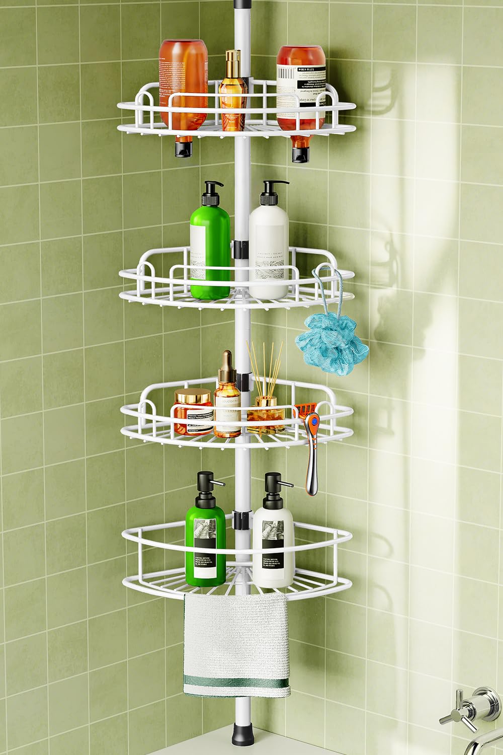 HAMITOR corner shower caddy with tension pole provides sturdy storage in a compact bathroom.