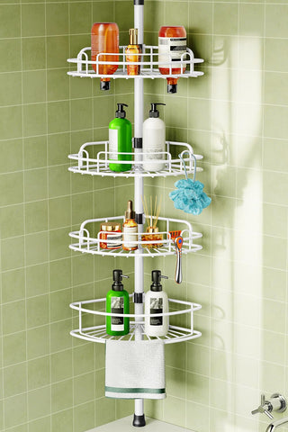 HAMITOR corner shower caddy with tension pole provides sturdy storage in a compact bathroom.
