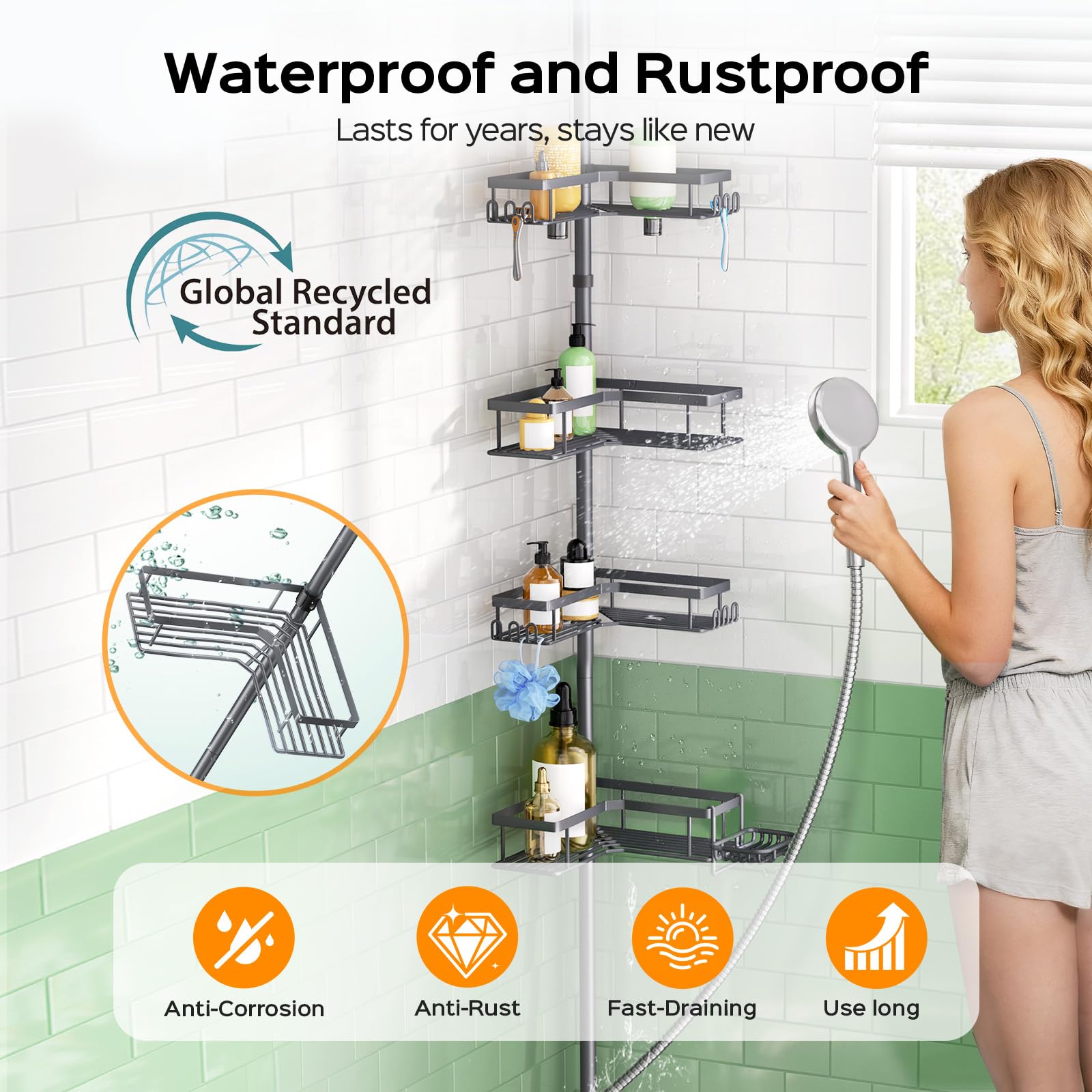 HAMITOR Corner Shower Caddy rustproof shelves keep bottles organized in humid bathrooms.