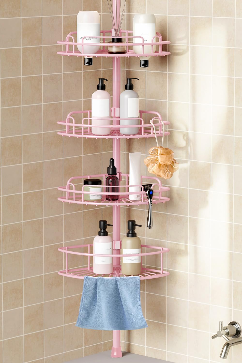 HAMITOR pink corner shower caddy front view showing compact 4-tier storage.