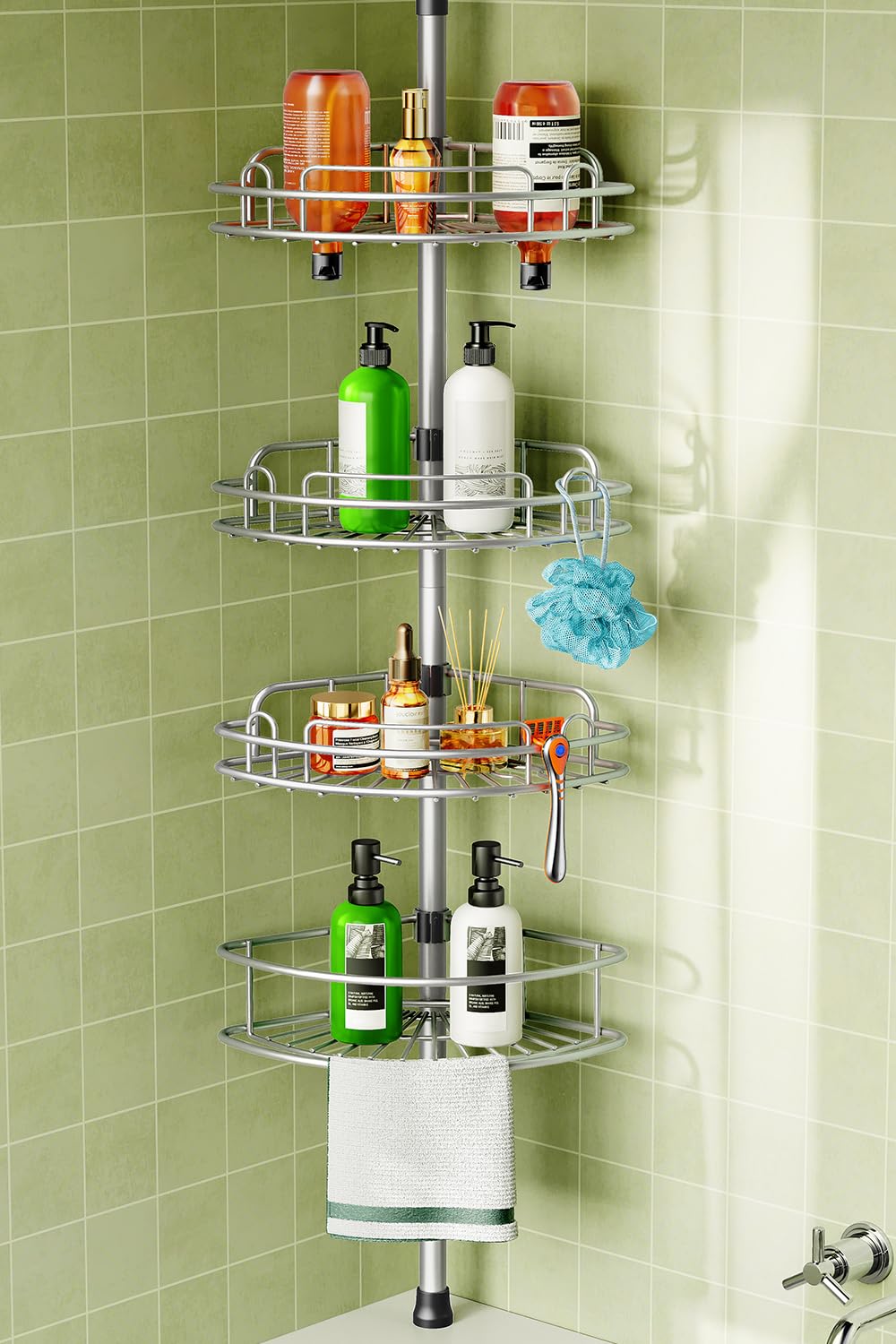 HAMITOR corner shower caddy tension pole with 4-tier shelves for stable storage.