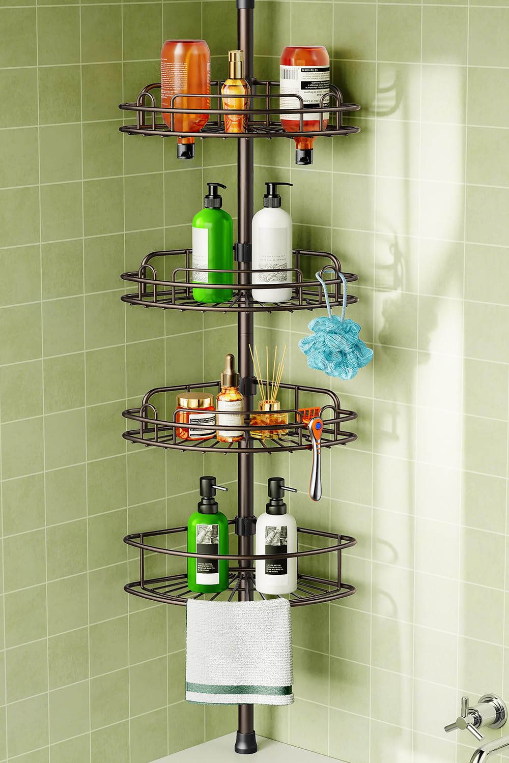 HAMITOR Corner Shower Caddy with tension pole and 4-tier shelves for organized storage.