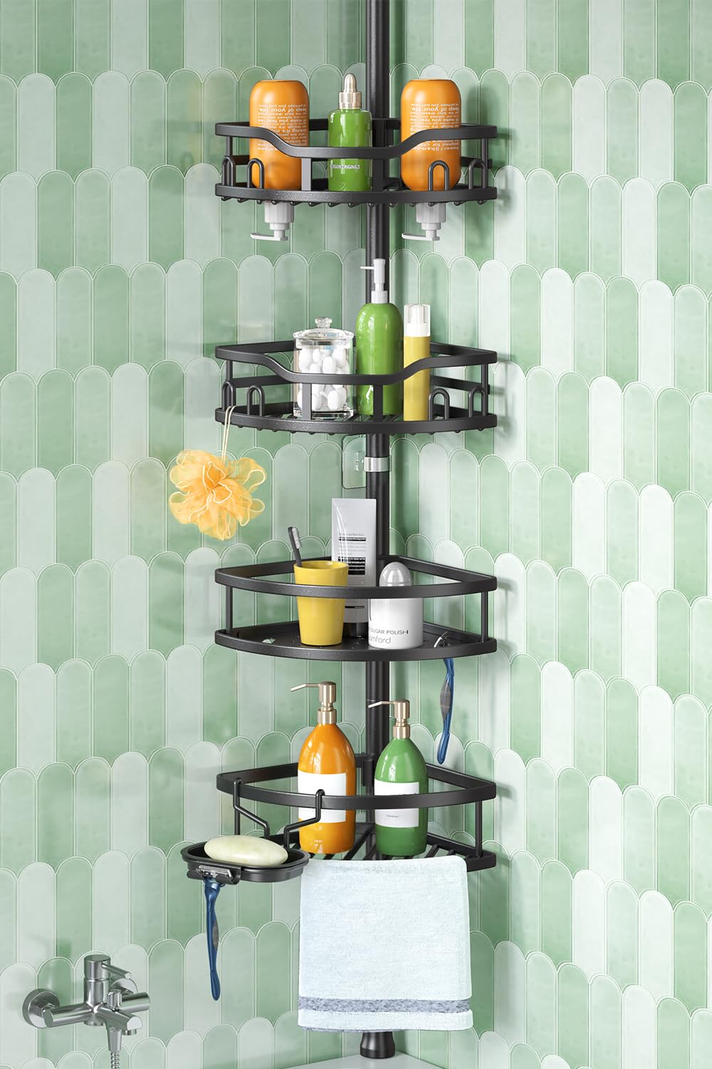 HAMITOR corner shower caddy with tension pole demonstrates quick assembly for tight bathrooms.