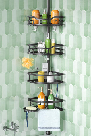 HAMITOR corner shower caddy with tension pole demonstrates quick assembly for tight bathrooms.