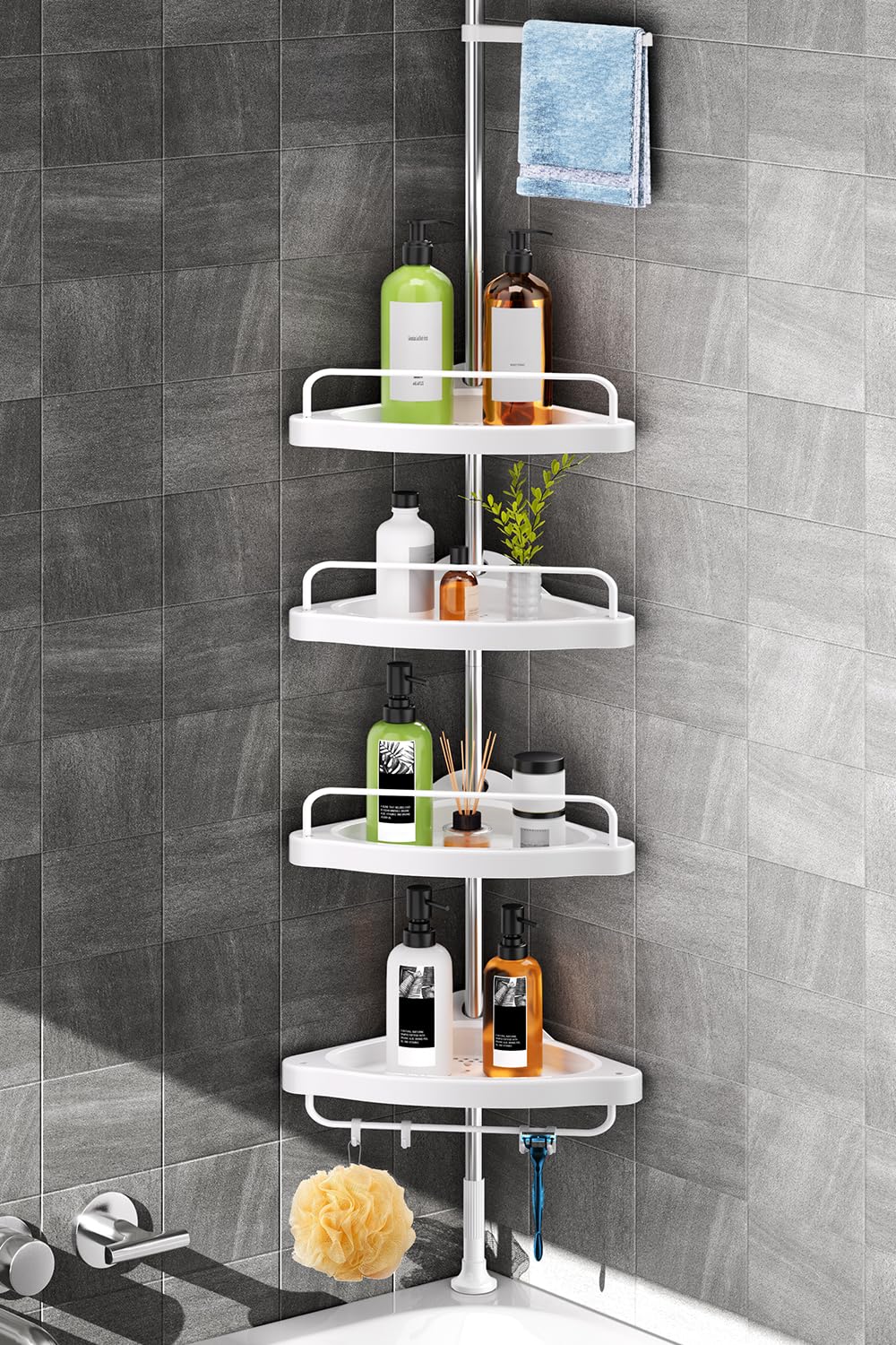HAMITOR corner shower caddy with four shelves keeps bath products organized