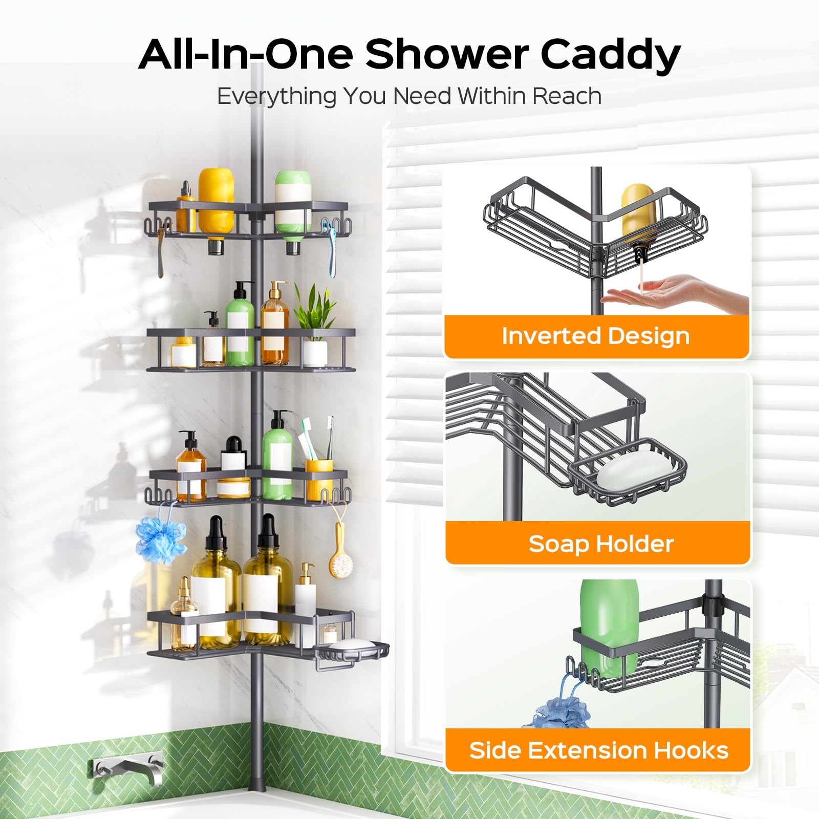 HAMITOR Corner Shower Caddy tension pole holds unit securely between floor and ceiling.